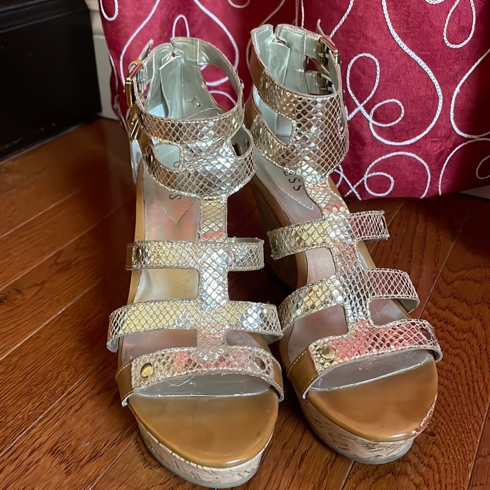 Guess gold and tan platform wedge